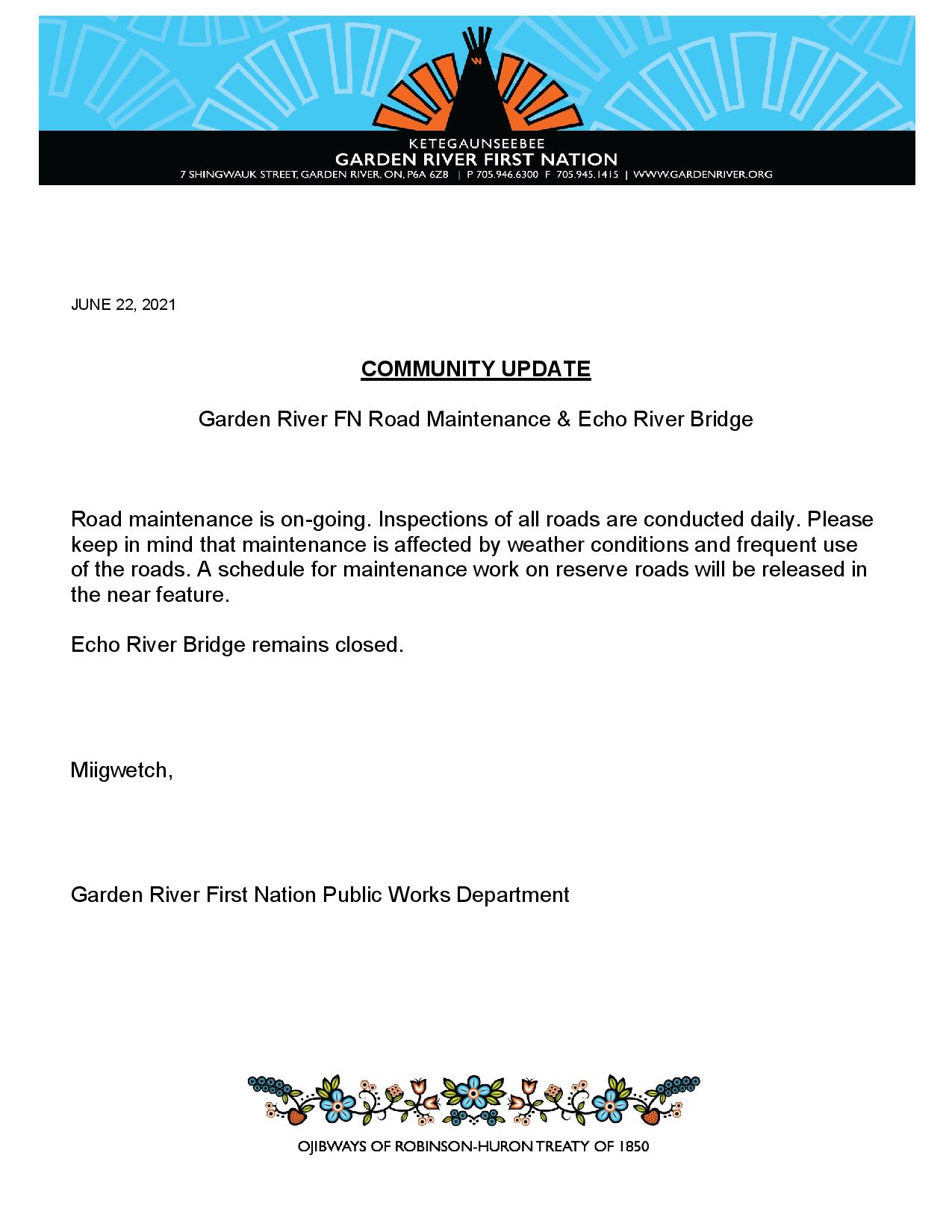 GRFN Community Notice: On-Going Road Maintenance & Echo River Bridge Continued Closure