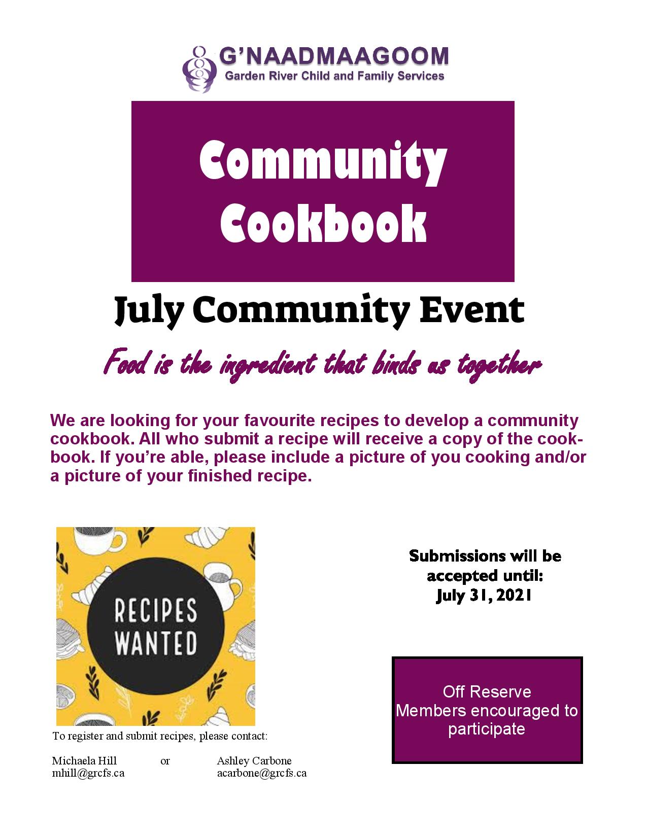 Garden River First Nation Child & Family Services July Community Event: Community Cookbook