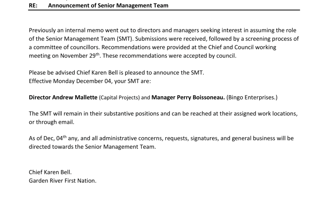 Senior Management Team SMT Announced.